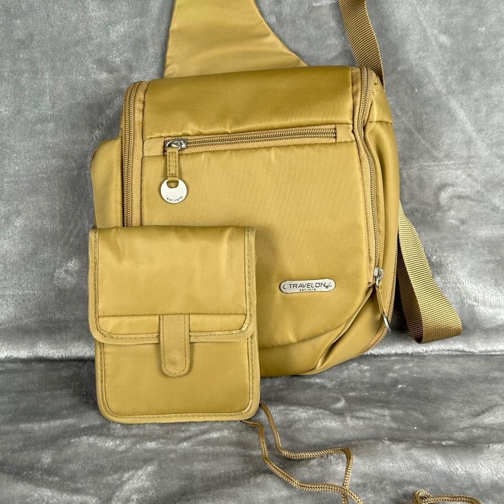 Travelon Anti-Theft Sling Bag Mustard Gold Nylon Crossbody with RFID Pouch - Picture 3 of 10